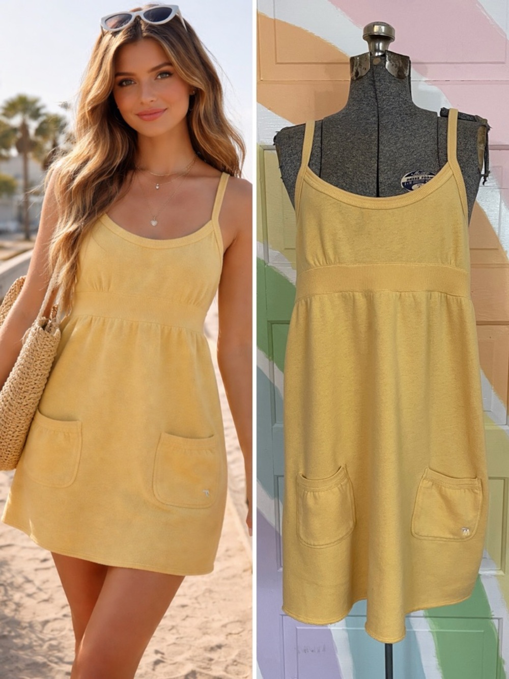 Abercrombie & Fitch Y2K Rare Yellow Terry Babydoll Mini Dress Sz L 💛🎀